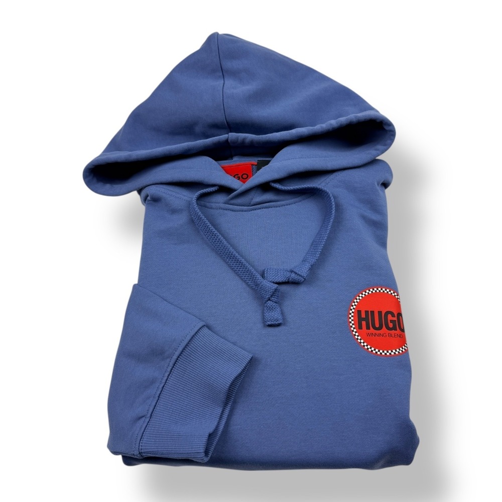 HUGO BOSS‎ Men Blue Hoodie Sweatshirt With Logo Patch Size XL